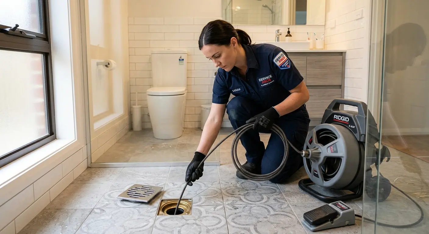 Technician clearing a bathroom floor drain for Hydro Jetting in Middletown